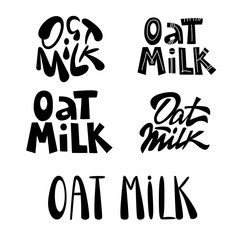 Oat milk lettering logo set. Isolated collection on white background. Doodle illustration for healthy nutrition packaging concept 