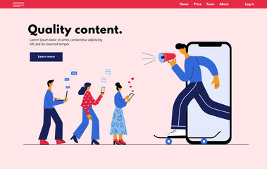 Online social marketing blogging concept.  Man with megaphone on a skateboard. Social media blogger promotion service for followers.  Flat vector illustration in trendy cartoon style.