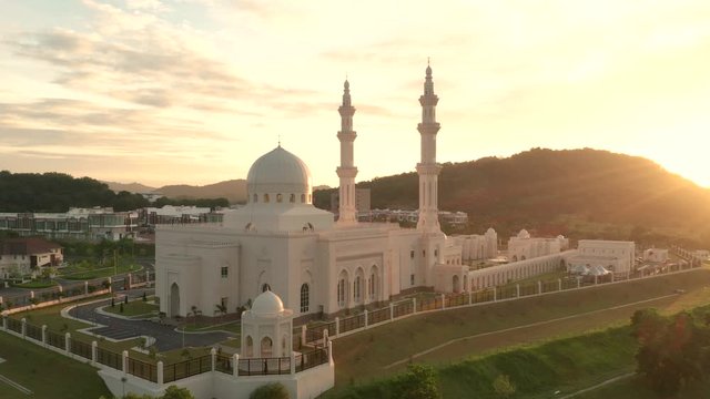 Aerial view of a sunset drone at Sri Sendayan Mosque, Negeri Sembilan, Malaysia. Sri Sendayan Mosque is a mosque located in the town of Sri Sendayan, Negeri Sembilan.