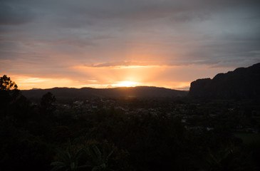 Sunset over the mountains in Vinales, Cuba. 