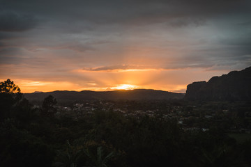 Sunset over the mountains in Vinales, Cuba. 