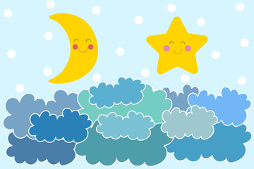 Moon star and clouds with white snow on blue background.