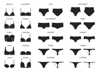 Types of women's panties  and bras. Set of underwear. Vector illustration - obrazy, fototapety, plakaty