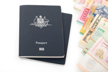 Australian passports, currency money white background 