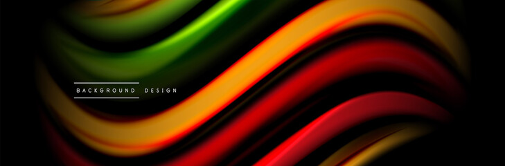 Fototapeta premium Silk and smooth flow wave poster design. Color waves, liquid style lines and shapes in black color background