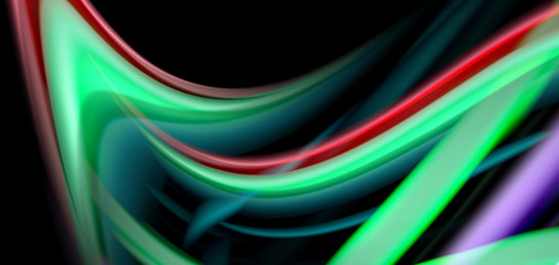 Abstract silk smooth lines on black, multicolored liquid fluid rainbow style waves on black