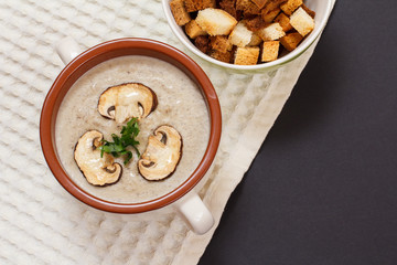 Cream soup with mushrooms in porcelain bowl on kitchen towel.