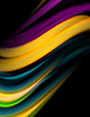Silk smooth lines on black, liquid fluid color waves. Vector Illustration