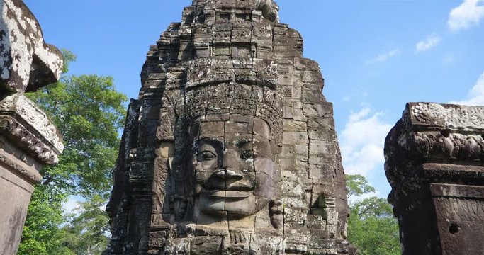 Face tower at the Bayon Temple in Angkor wat complex, Siem Reap Cambodia