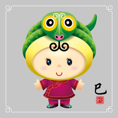 During The Year of Snake, Cute little girl wearing traditional costume cosplay as Chinese zodiac Snake