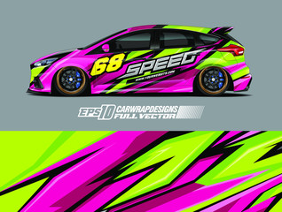 Fototapeta premium Vehicle graphic livery design vector. Graphic abstract stripe racing background designs for wrap cargo van, race car, pickup truck and adventure. Full vector Eps 10.