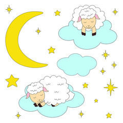 Greeting card cute lambs sleeping vector illustration moon stars clouds