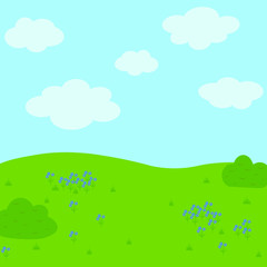 Landscape vector illustration field with flowers sky clouds