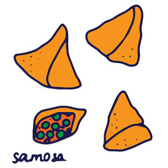 Hand drawn isolated indian food icon. Color fill illustration of indian dish. Samosa icon.