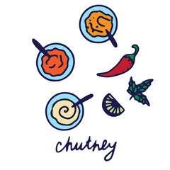 Hand drawn isolated indian food icon. Color fill illustration of indian dish. Variety of indian sauces - chuntey. Chutneys.