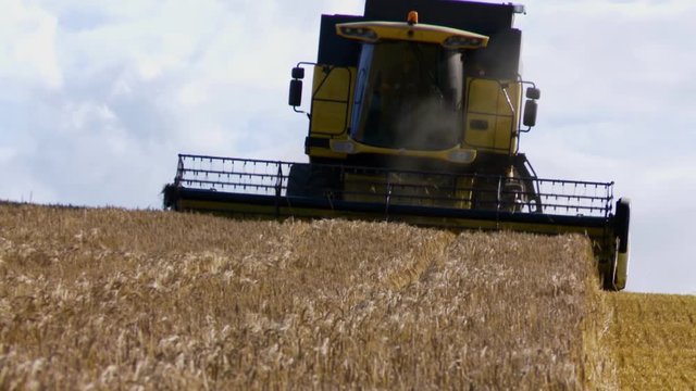 Medium low angle front-view still shot of a yellow New Holland combine harvester, harvesting wheat against cloudy sky, UK