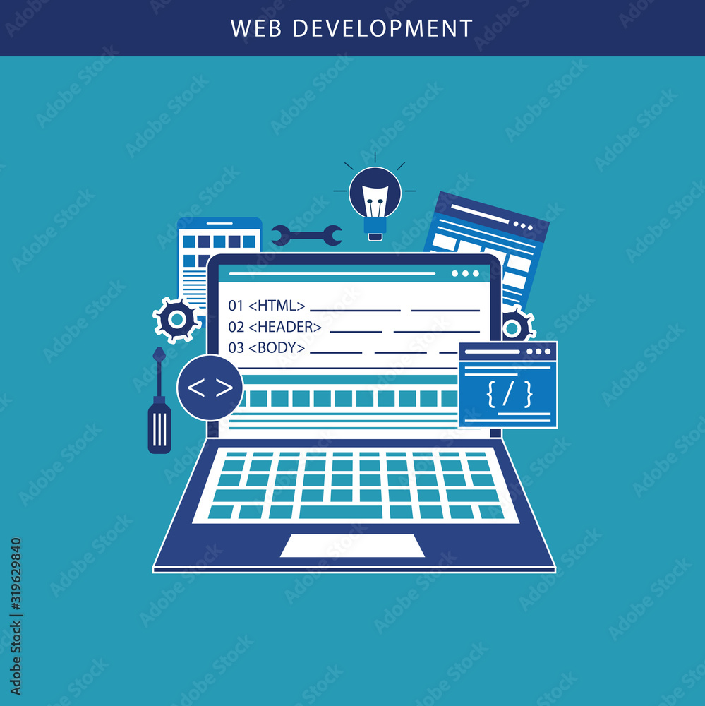 Poster web development concept with digital devices on blue color