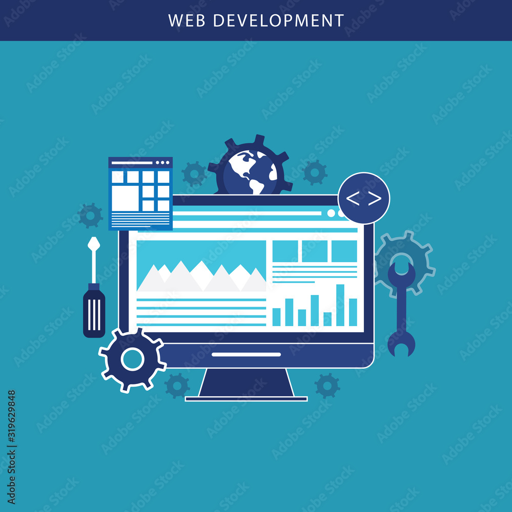 Poster web development concept with digital devices on blue color