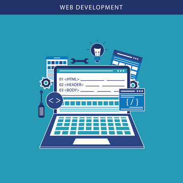 Web Development concept with digital devices on blue color