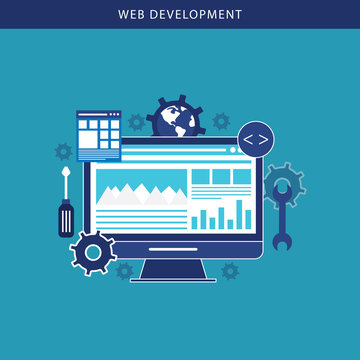 Web Development concept with digital devices on blue color