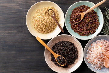 Set of spices on wood background.Top view.Organic spice concept.