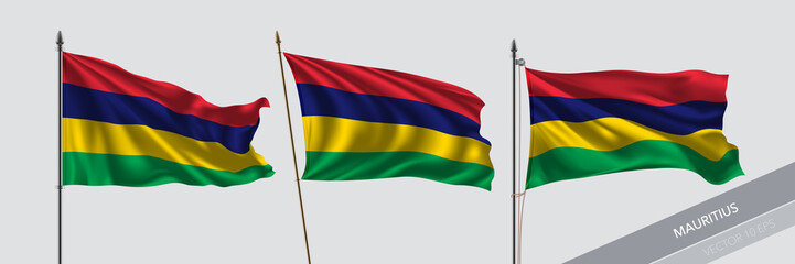 Set of Mauritius waving flag on isolated background vector illustration