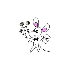 A simple cute contour color mouse with a love letter and a bouquet of flowers. Doodle. Design element for greeting card, Valentines day, birthday, prints, logo badges stationery web