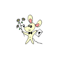 A simple cute contour color mouse with a love letter and a bouquet of flowers. Doodle. Design element for greeting card, Valentines day, birthday, prints, logo badges stationery web