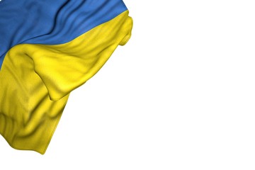 wonderful Ukraine flag with large folds lay in top left corner isolated on white - any occasion flag 3d illustration..