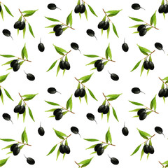 Watercolor pattern of olive twigs with fruits on a white background