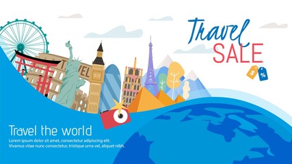 Travel Agency Tours Sale, Vacation Trip Price Off Offer Trendy Flat Vector Ad Banner, Promo Poster Template. Worlds Famous Touristic Attractions, Historical Buildings and Monuments Illustration