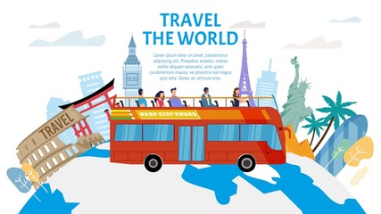 Naklejka premium Travel Agency, Hop-on-Hop-Off Bus Tour Service, City Excursions Trendy Flat Vector Advertising Banner, Promo Poster Template. Tourists on Open Top Bus Riding to Worlds Famous Attractions Illustration