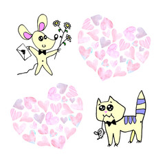 Background for greeting card, letter, Declaration of love with hearts and cute animals. Simple illustration for stationery, notebooks, girls, birthday, Valentines day, invitation