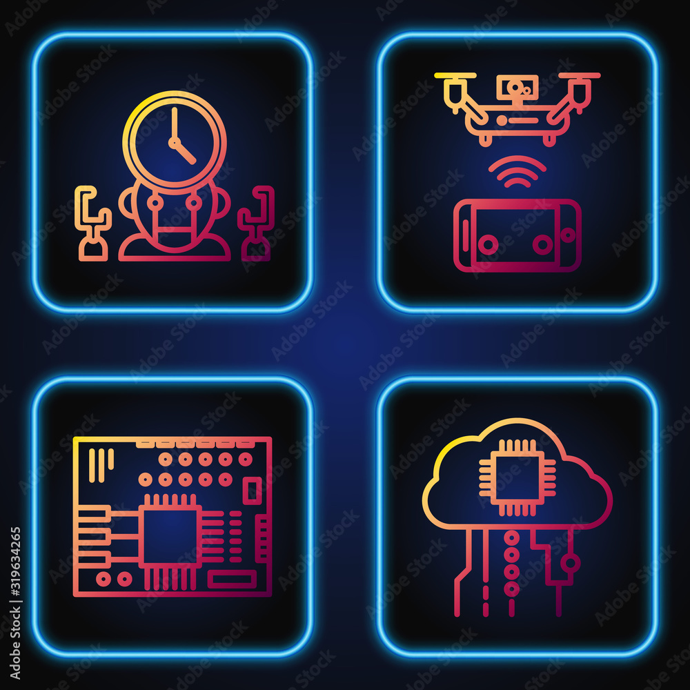 Poster set line internet of things, printed circuit board pcb, robot and digital time manager and remote ae