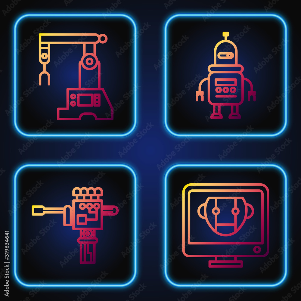 Sticker Set line Bot, Mechanical robot hand and screwdriver, Assembly line and Robot. Gradient color icons. Vector