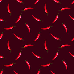 Vector seamless pattern with red hot chili peppers on dark red; vegetable design for fabric, wallpaper, package, textile, web design.