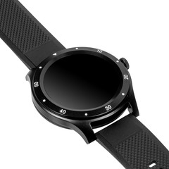Wireless smartwatch in a round matte black case with numbers on the rim and a silicone strap on a...