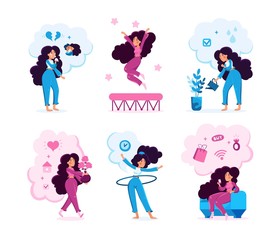 Modern Woman, Young Lady Daily Routine Situations, Active and Healthy Lifestyle Scenes, Relationships, Entertainment Activities Trendy Flat Vector Concepts Collection Isolated on White Background