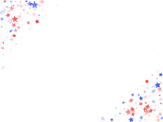 Flying red blue white star sparkles on white vector american patriotic background.