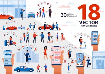 City Life Scenes, Urban Transport, Automobile Purchasing and Owning, Online Messaging with Cellphone Trendy Flat Vector Set. People Buying Car, Riding Scooter, Chatting in Messenger Illustrations