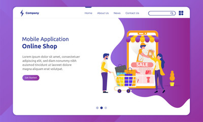 Obraz na płótnie Canvas Illustration of mobile application for online shop on landing page