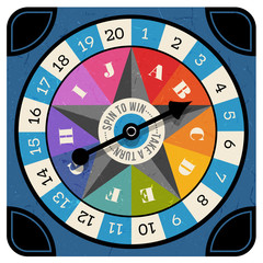 Vintage style spinner for board game with spinning arrow, numbers, and letters. Design elements for web pages, gaming, print, games. 