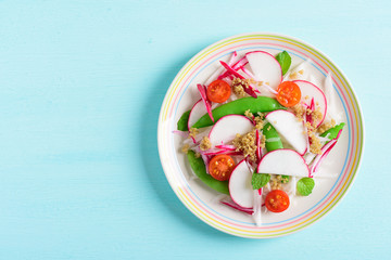 Healthy vegetables salad with sliced radish, tomato, green pea and quinoa seed, top view