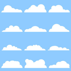 Clouds, set of white clouds isolated on a blue background. Vector, cartoon illustration of a cloud.