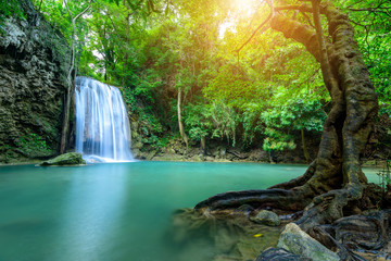 Waterfall in Tropical forest at Erawan waterfall National Park, Thailand	