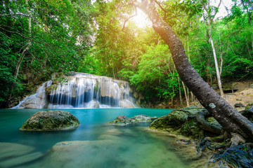 Waterfall in Tropical forest at Erawan waterfall National Park, Thailand	