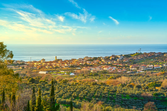 San Vincenzo travel destination view at sunset. Maremma, Livorno, Tuscany, Italy.