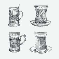 Hand drawn sketch set of tea glasses. Two national pear like glasses used in Azerbaijan culture and two glasses in a tea glass holder used in soviet period.