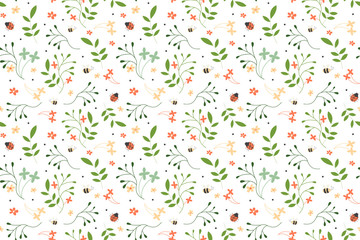 Floral seamless pattern in the white backdrop. Flowers and leaves seamless pattern.Color vector background. Summer and spring print