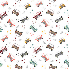 Seamless pattern with cars concept in the white backdrop. suitable for kids pattern, wallpaper,print,fabric, wrapping,apparel